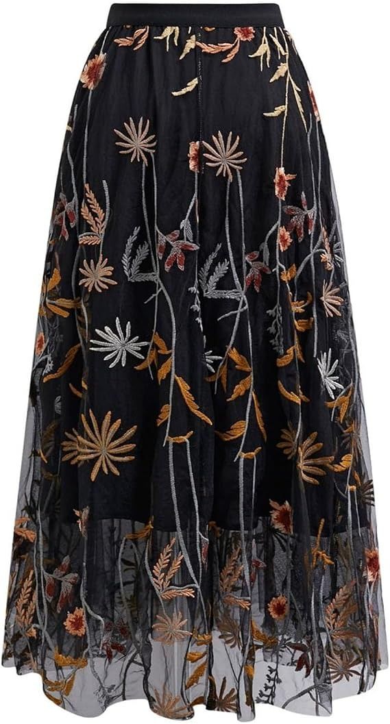 Black Floral Embroidered Midi Skirt image 2